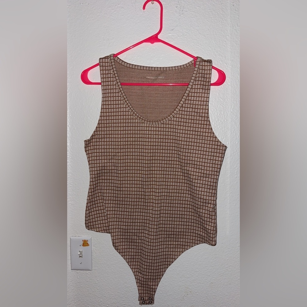 American Eagle Outfitters Tan & Brown Grid Knit Tank Bodysuit